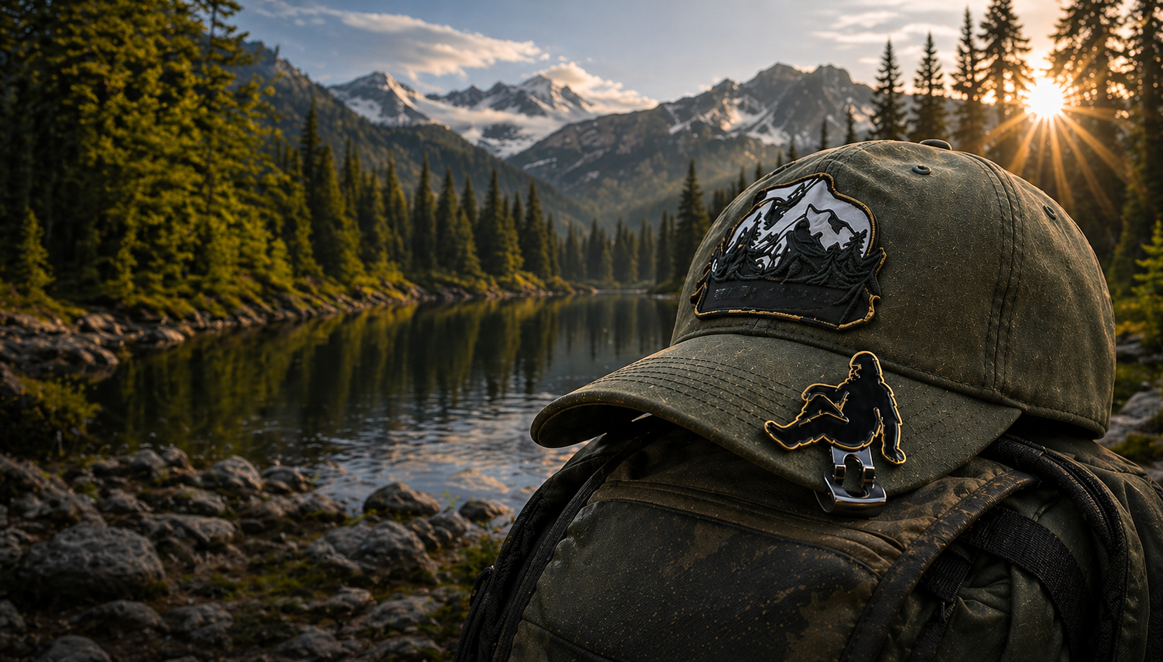 Bigfoot resting hat clip attached to outdoor hat near mountain lake