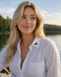 Woman wearing Bigfoot hat pin on white shirt collar by the lake