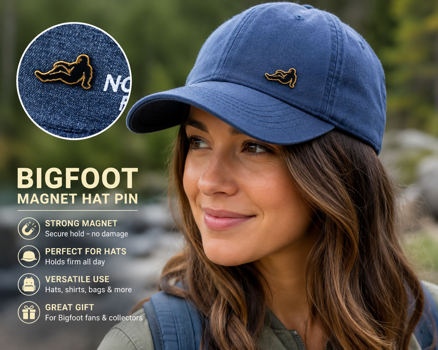 Close-up of Bigfoot resting magnet hat pin attached to blue hat