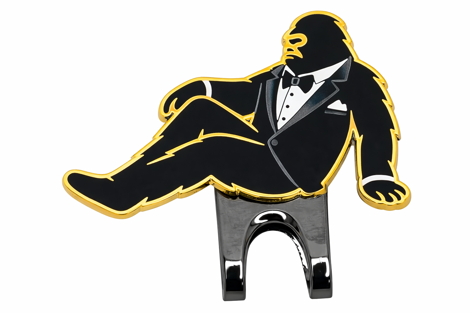 Tuxedo Bigfoot hat clip attached to hat brim black and gold collectible