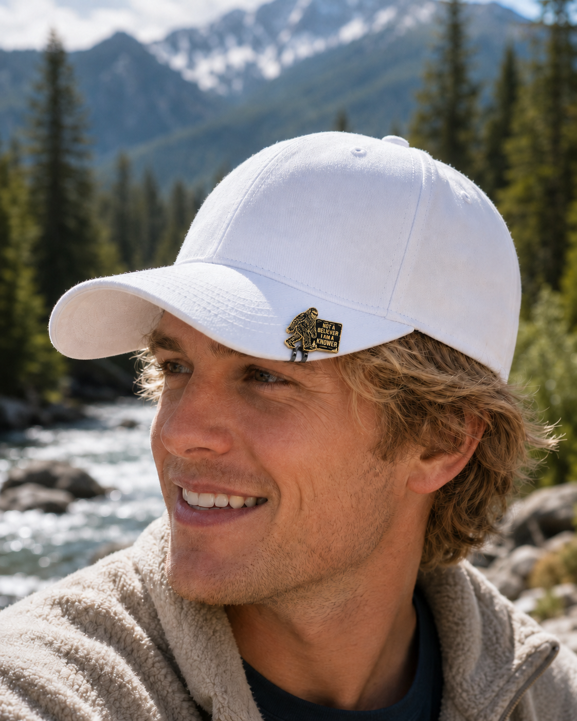 Blond man wearing a white hat with the Bigfoot Knower hat clip outdoors near a mountain stream.