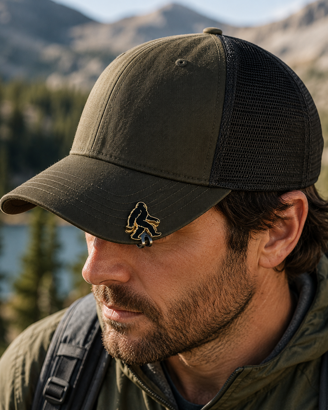 Man wearing Walking Bigfoot Hat Clip on a green outdoor hat near a mountain lake